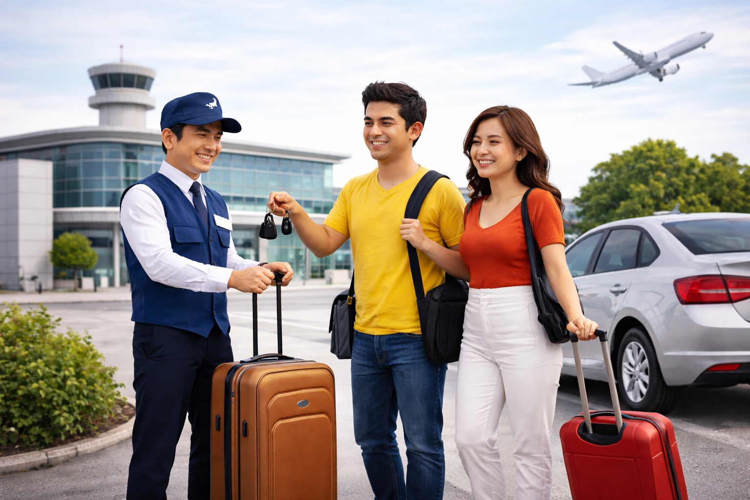 Professional valet driver receiving car keys at airport terminal